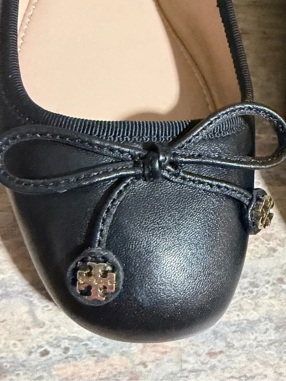 Tory Burch Laila Driver Black Leather Bow Ballet Flats with Gold Logo Charms